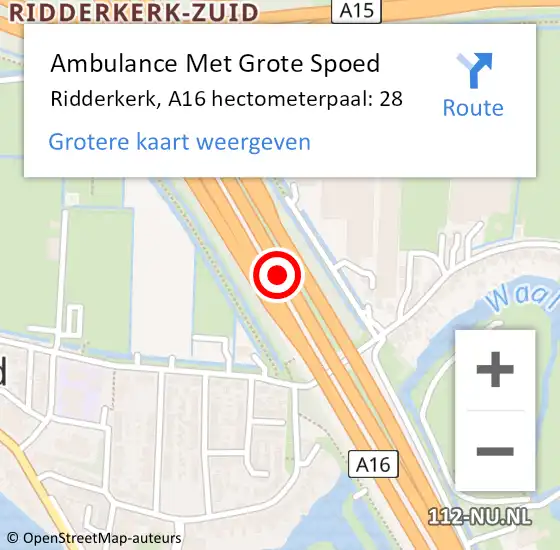 Locatie op kaart van de 112 melding: Ambulance Met Grote Spoed Naar Ridderkerk, A16 hectometerpaal: 28 op 15 juli 2024 17:00