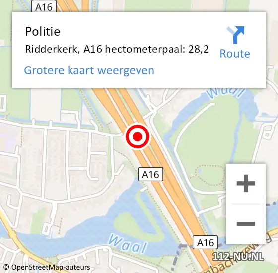 Locatie op kaart van de 112 melding: Politie Ridderkerk, A16 hectometerpaal: 28,2 op 15 juli 2024 17:06