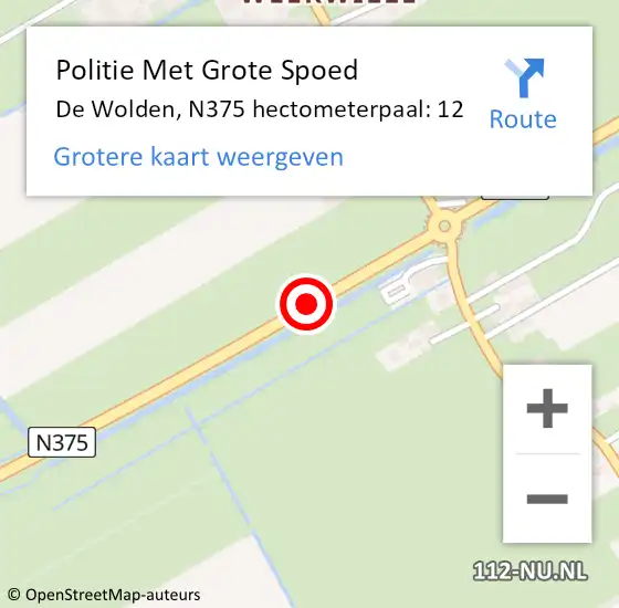 Locatie op kaart van de 112 melding: Politie Met Grote Spoed Naar De Wolden, N375 hectometerpaal: 12 op 15 juli 2024 17:06