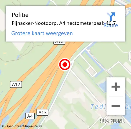 Locatie op kaart van de 112 melding: Politie Pijnacker-Nootdorp, A4 hectometerpaal: 46,7 op 15 juli 2024 17:31