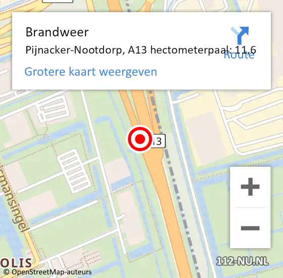 Locatie op kaart van de 112 melding: Brandweer Pijnacker-Nootdorp, A13 hectometerpaal: 11,6 op 15 juli 2024 17:55