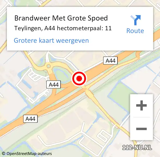 Locatie op kaart van de 112 melding: Brandweer Met Grote Spoed Naar Teylingen, A44 hectometerpaal: 11 op 15 juli 2024 18:36