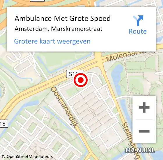 Locatie op kaart van de 112 melding: Ambulance Met Grote Spoed Naar Amsterdam, Marskramerstraat op 15 juli 2024 18:41