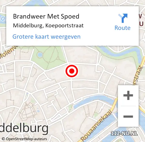 Locatie op kaart van de 112 melding: Brandweer Met Spoed Naar Middelburg, Koepoortstraat op 15 juli 2024 19:07