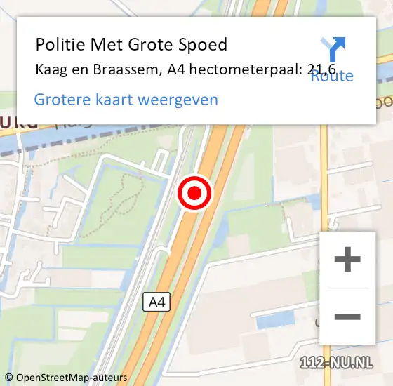Locatie op kaart van de 112 melding: Politie Met Grote Spoed Naar Kaag en Braassem, A4 hectometerpaal: 21,6 op 15 juli 2024 19:27