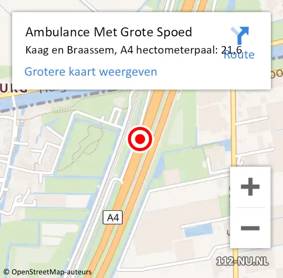 Locatie op kaart van de 112 melding: Ambulance Met Grote Spoed Naar Kaag en Braassem, A4 hectometerpaal: 21,6 op 15 juli 2024 19:33