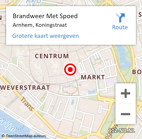 Locatie op kaart van de 112 melding: Brandweer Met Spoed Naar Arnhem, Koningstraat op 15 juli 2024 19:34