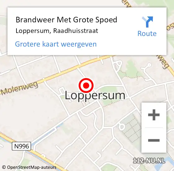 Locatie op kaart van de 112 melding: Brandweer Met Grote Spoed Naar Loppersum, Raadhuisstraat op 15 juli 2024 20:34