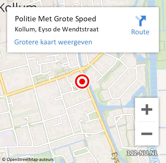 Locatie op kaart van de 112 melding: Politie Met Grote Spoed Naar Kollum, Eyso de Wendtstraat op 15 juli 2024 20:46