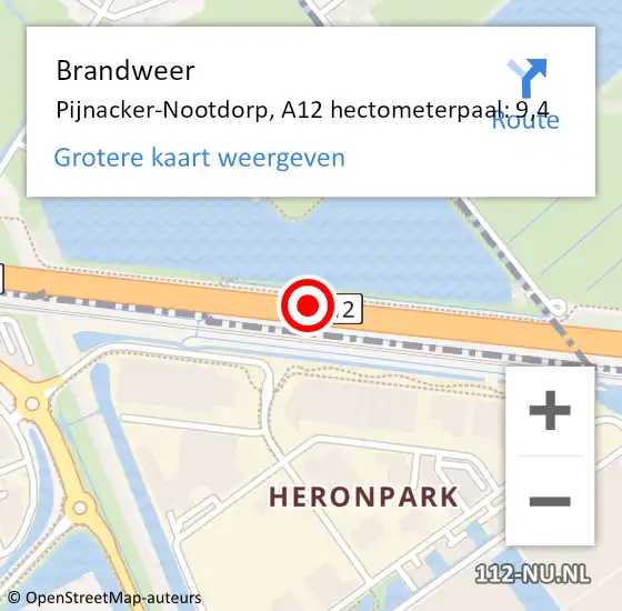 Locatie op kaart van de 112 melding: Brandweer Pijnacker-Nootdorp, A12 hectometerpaal: 9,4 op 15 juli 2024 21:05