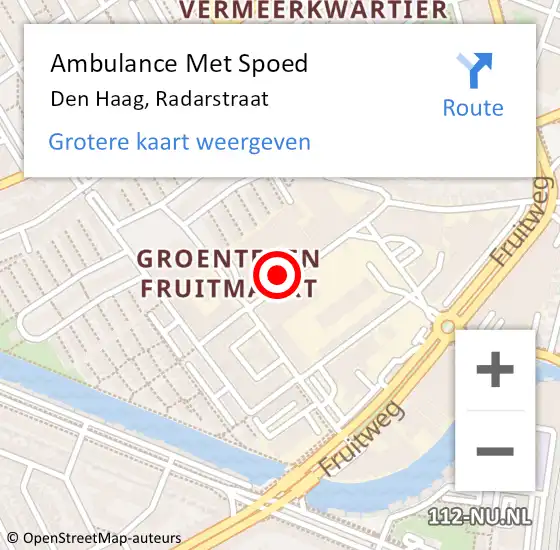 Locatie op kaart van de 112 melding: Ambulance Met Spoed Naar Den Haag, Radarstraat op 15 juli 2024 21:27