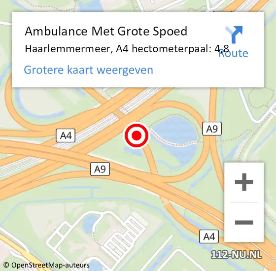 Locatie op kaart van de 112 melding: Ambulance Met Grote Spoed Naar Haarlemmermeer, A4 hectometerpaal: 4,8 op 15 juli 2024 22:09