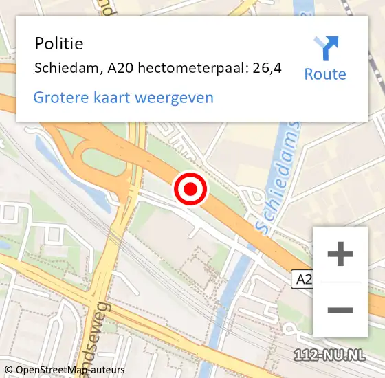Locatie op kaart van de 112 melding: Politie Schiedam, A20 hectometerpaal: 26,4 op 15 juli 2024 22:29