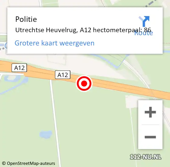 Locatie op kaart van de 112 melding: Politie Utrechtse Heuvelrug, A12 hectometerpaal: 86 op 15 juli 2024 23:32