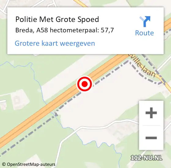 Locatie op kaart van de 112 melding: Politie Met Grote Spoed Naar Breda, A58 hectometerpaal: 57,7 op 16 juli 2024 00:52