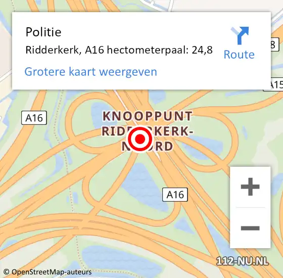 Locatie op kaart van de 112 melding: Politie Ridderkerk, A16 hectometerpaal: 24,8 op 16 juli 2024 06:17
