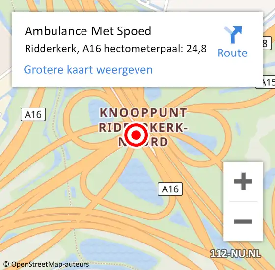Locatie op kaart van de 112 melding: Ambulance Met Spoed Naar Ridderkerk, A16 hectometerpaal: 24,8 op 16 juli 2024 06:18
