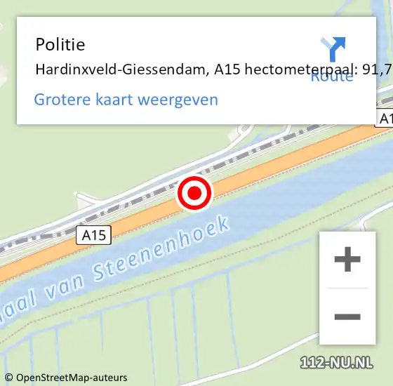 Locatie op kaart van de 112 melding: Politie Hardinxveld-Giessendam, A15 hectometerpaal: 91,7 op 16 juli 2024 06:25