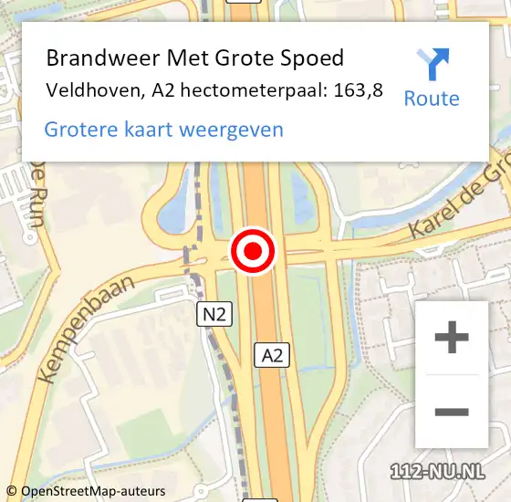 Locatie op kaart van de 112 melding: Brandweer Met Grote Spoed Naar Veldhoven, A2 hectometerpaal: 163,8 op 16 juli 2024 07:35