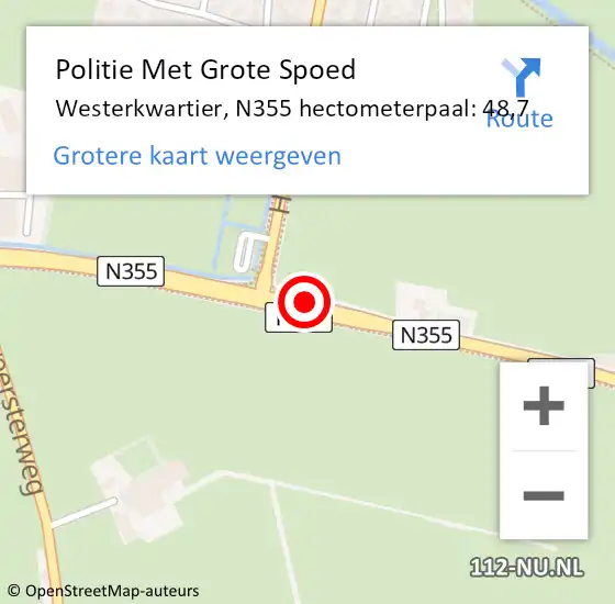 Locatie op kaart van de 112 melding: Politie Met Grote Spoed Naar Westerkwartier, N355 hectometerpaal: 48,7 op 16 juli 2024 07:39