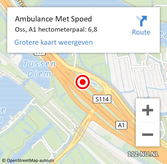 Locatie op kaart van de 112 melding: Ambulance Met Spoed Naar Oss, A1 hectometerpaal: 6,8 op 16 juli 2024 08:22