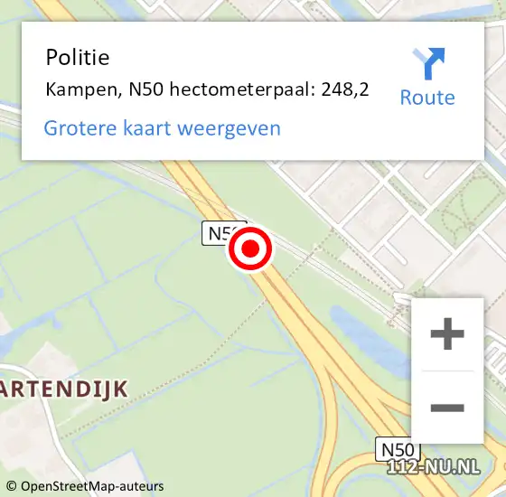 Locatie op kaart van de 112 melding: Politie Kampen, N50 hectometerpaal: 248,2 op 16 juli 2024 08:26