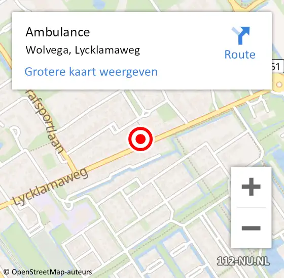 Locatie op kaart van de 112 melding: Ambulance Wolvega, Lycklamaweg op 16 juli 2024 09:22