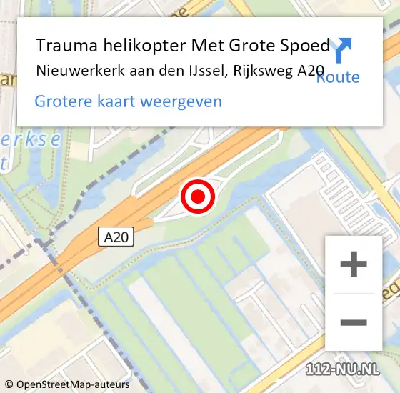 Locatie op kaart van de 112 melding: Trauma helikopter Met Grote Spoed Naar Nieuwerkerk aan den IJssel, Rijksweg A20 op 16 juli 2024 09:40