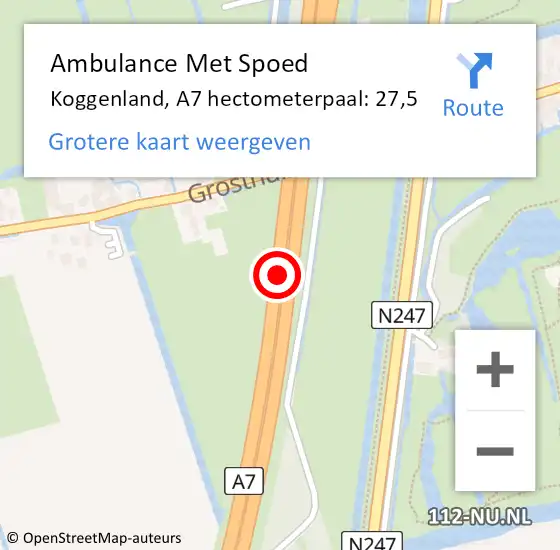 Locatie op kaart van de 112 melding: Ambulance Met Spoed Naar Koggenland, A7 hectometerpaal: 27,5 op 16 juli 2024 10:36