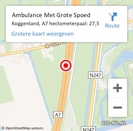 Locatie op kaart van de 112 melding: Ambulance Met Grote Spoed Naar Koggenland, A7 hectometerpaal: 27,5 op 16 juli 2024 10:38