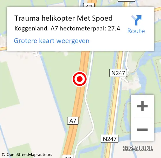 Locatie op kaart van de 112 melding: Trauma helikopter Met Spoed Naar Koggenland, A7 hectometerpaal: 27,4 op 16 juli 2024 10:40