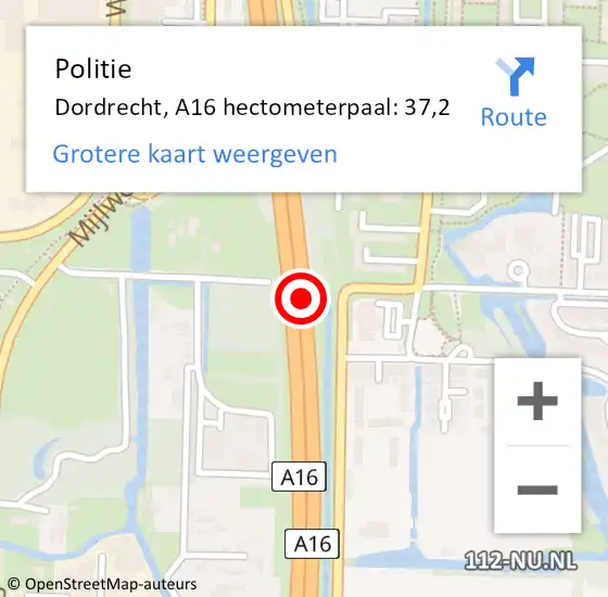 Locatie op kaart van de 112 melding: Politie Dordrecht, A16 hectometerpaal: 37,2 op 16 juli 2024 10:59