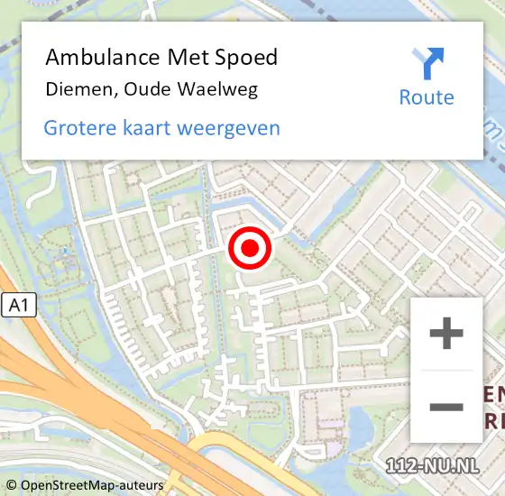 Locatie op kaart van de 112 melding: Ambulance Met Spoed Naar Diemen, Oude Waelweg op 16 juli 2024 12:27