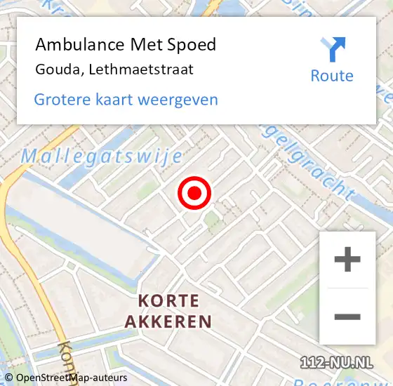 Locatie op kaart van de 112 melding: Ambulance Met Spoed Naar Gouda, Lethmaetstraat op 16 juli 2024 14:07