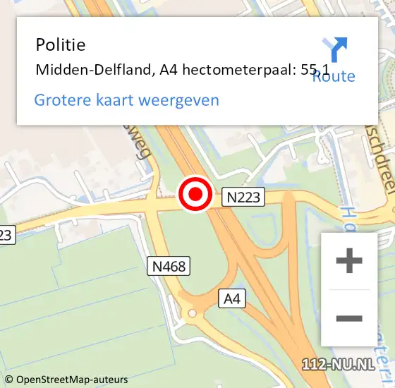 Locatie op kaart van de 112 melding: Politie Midden-Delfland, A4 hectometerpaal: 55,1 op 16 juli 2024 14:29