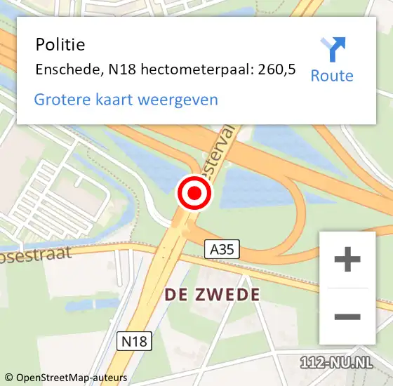 Locatie op kaart van de 112 melding: Politie Enschede, N18 hectometerpaal: 260,5 op 16 juli 2024 15:23