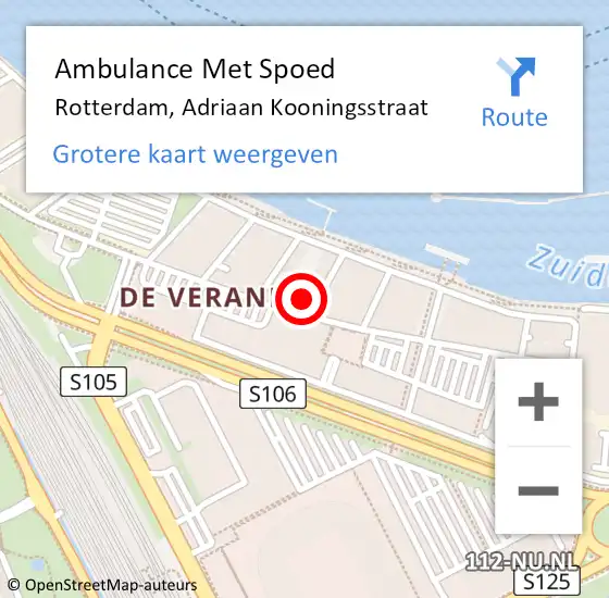 Locatie op kaart van de 112 melding: Ambulance Met Spoed Naar Rotterdam, Adriaan Kooningsstraat op 16 juli 2024 15:37