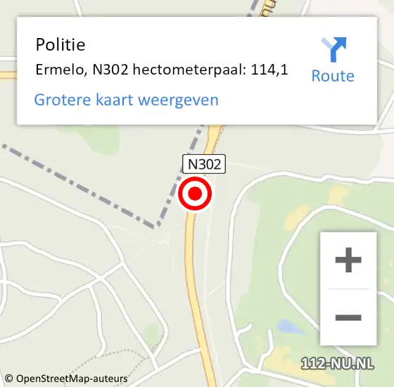 Locatie op kaart van de 112 melding: Politie Ermelo, N302 hectometerpaal: 114,1 op 16 juli 2024 15:42