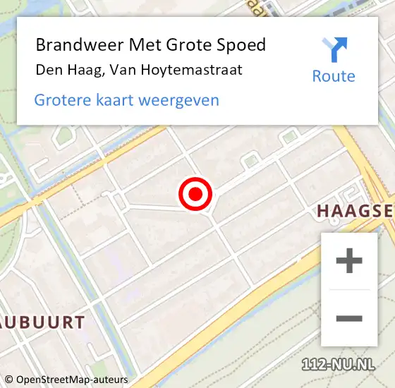 Locatie op kaart van de 112 melding: Brandweer Met Grote Spoed Naar Den Haag, Van Hoytemastraat op 16 juli 2024 16:10