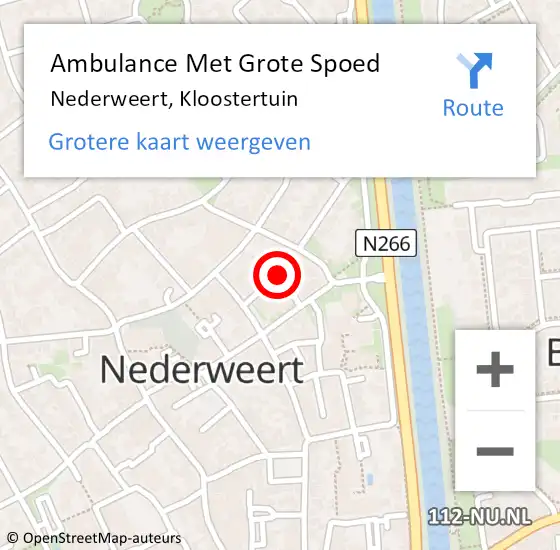 Locatie op kaart van de 112 melding: Ambulance Met Grote Spoed Naar Nederweert, Kloostertuin op 16 juli 2024 16:14