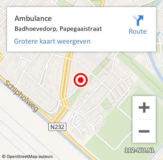 Locatie op kaart van de 112 melding: Ambulance Badhoevedorp, Papegaaistraat op 16 juli 2024 16:52