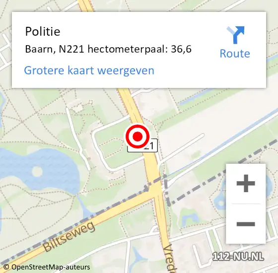 Locatie op kaart van de 112 melding: Politie Baarn, N221 hectometerpaal: 36,6 op 16 juli 2024 17:18