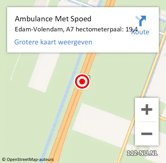 Locatie op kaart van de 112 melding: Ambulance Met Spoed Naar Edam-Volendam, A7 hectometerpaal: 19,4 op 16 juli 2024 17:37