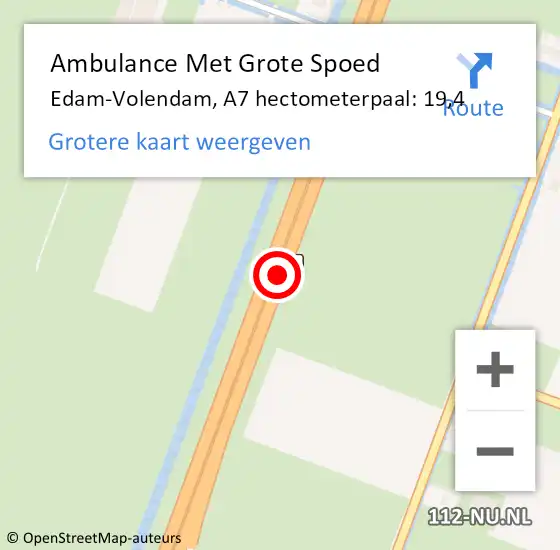 Locatie op kaart van de 112 melding: Ambulance Met Grote Spoed Naar Edam-Volendam, A7 hectometerpaal: 19,4 op 16 juli 2024 17:42