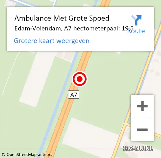 Locatie op kaart van de 112 melding: Ambulance Met Grote Spoed Naar Edam-Volendam, A7 hectometerpaal: 19,5 op 16 juli 2024 18:00