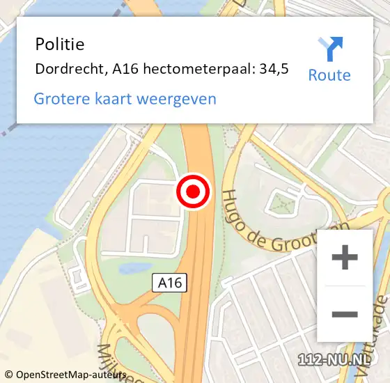 Locatie op kaart van de 112 melding: Politie Dordrecht, A16 hectometerpaal: 34,5 op 16 juli 2024 18:27
