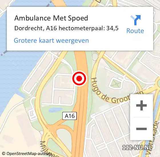 Locatie op kaart van de 112 melding: Ambulance Met Spoed Naar Dordrecht, A16 hectometerpaal: 34,5 op 16 juli 2024 18:27