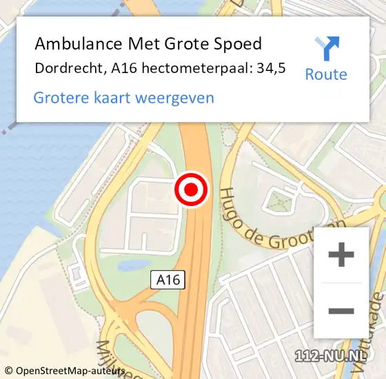 Locatie op kaart van de 112 melding: Ambulance Met Grote Spoed Naar Dordrecht, A16 hectometerpaal: 34,5 op 16 juli 2024 18:28