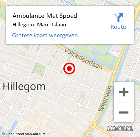 Locatie op kaart van de 112 melding: Ambulance Met Spoed Naar Hillegom, Mauritslaan op 16 juli 2024 18:29