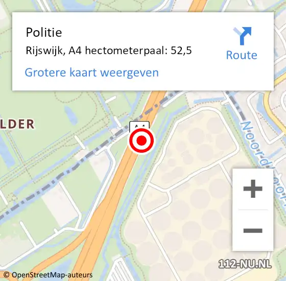Locatie op kaart van de 112 melding: Politie Rijswijk, A4 hectometerpaal: 52,5 op 16 juli 2024 19:43